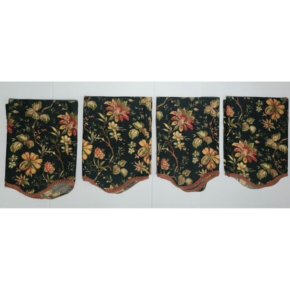 Set of 2 Waverly Felicite Noir Cotton Rod-Pocket Valance Black Floral Scalloped - Picture 8 of 9